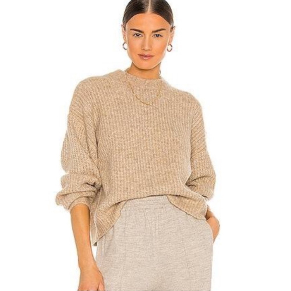 Weekend Stories Plush Rib Balloon Sleeve Crew in Wheat Brown Size Medium